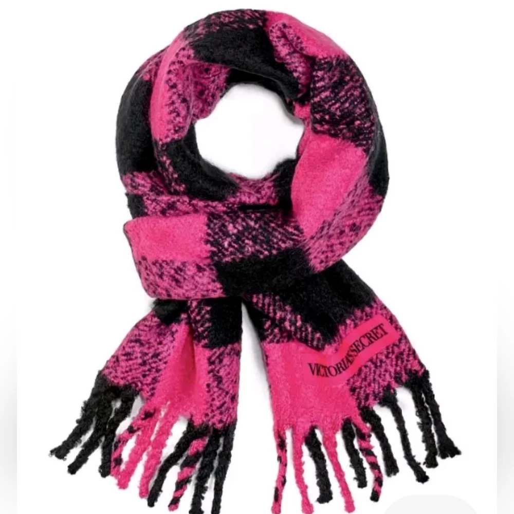 Victoria's Secret Hot Pink Black Buffalo Plaid Soft Knit Fringe Scarf Embroidery
